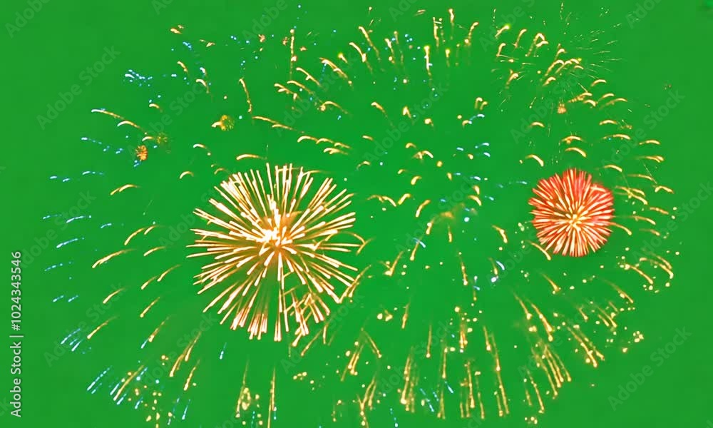 Colorful fireworks explosion on green screen background. Holiday celebration. Merry Christmas and Happy New Year. Festive background for 4th of july, summer festival. Effect ready to chroma key