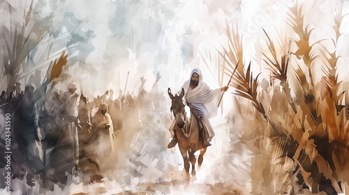 Jesus' triumphant entry on a donkey with palm branches and crowd