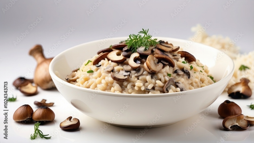 A dish of creamy risotto with sautéed mushrooms and Parmesan, elegantly presented in a bowl, isolated on white background.- A dish of creamy risotto with sautéed mushrooms and Parmesan, elegantly presented in a bowl, isolated on white background.-