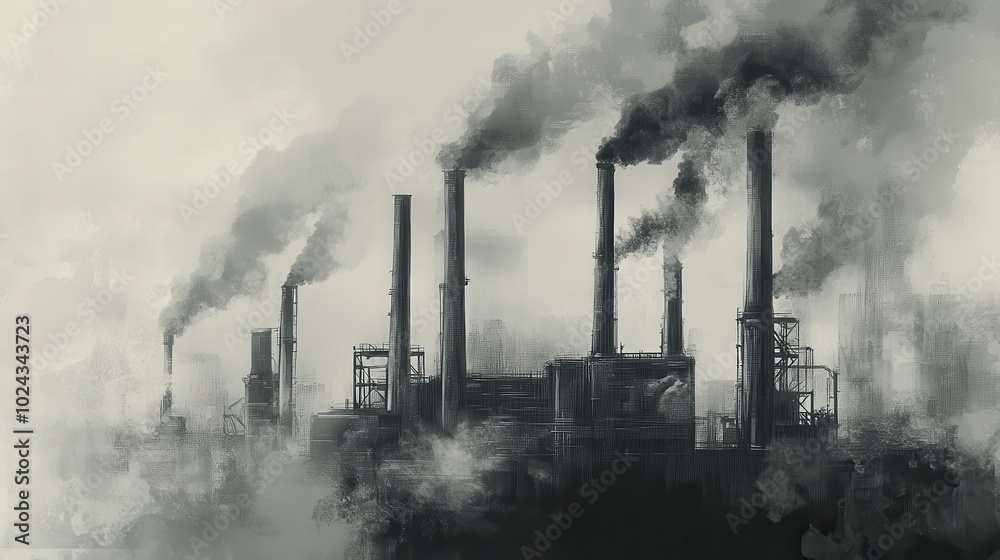 An industrial factory with multiple tall smokestacks emitting smoke, giving the scene An industrial factory with multiple tall smokestacks emitting smoke, giving the scene