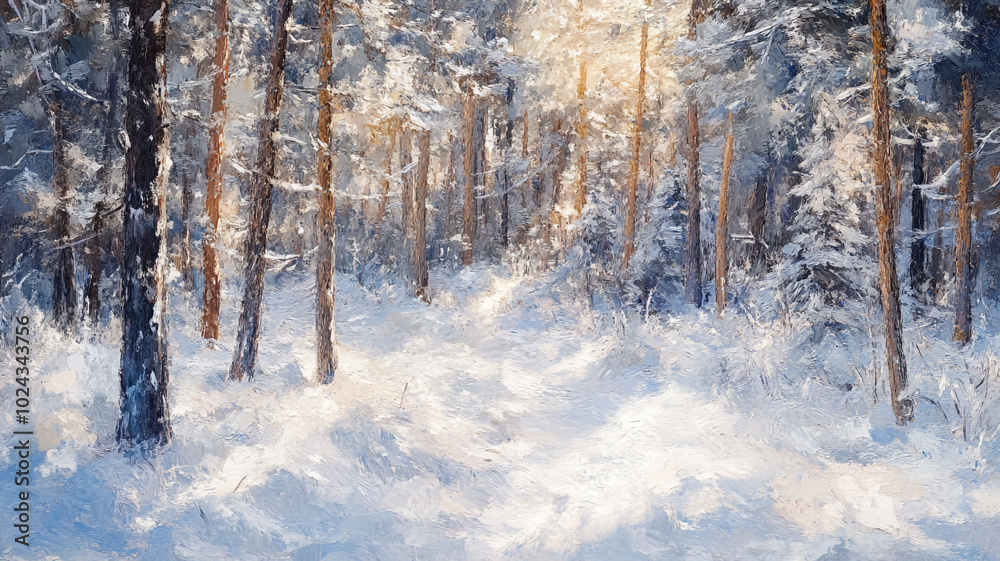 Snow-covered forest pathway during the Winter Solstice with soft sunlight breaking through trees Snow-covered forest pathway during the Winter Solstice with soft sunlight breaking through trees