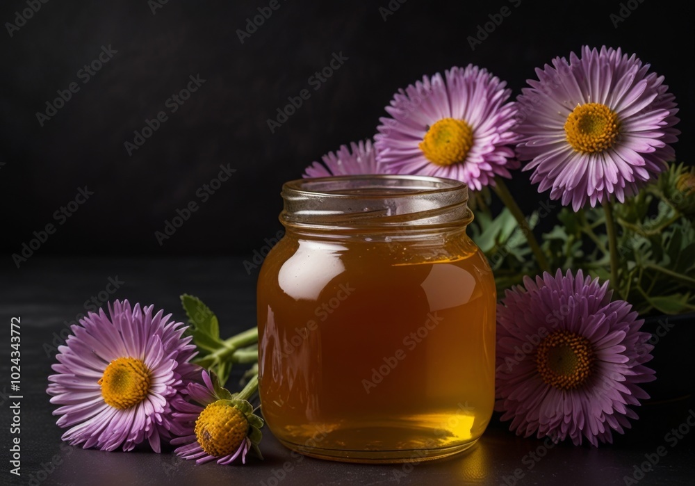 Honey on a black background in a jar, with dandelions and asters Honey on a black background in a jar, with dandelions and asters