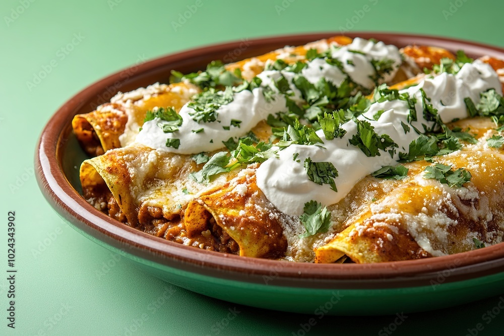 Enchiladas with sour cream and cilantro on plate Enchiladas with sour cream and cilantro on plate