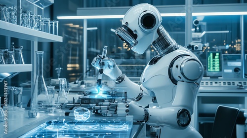 A white robot working in a laboratory with beakers and other equipment.