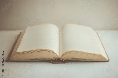 An open, thick book placed on a simple beige surface. The white pages are blank, catching soft