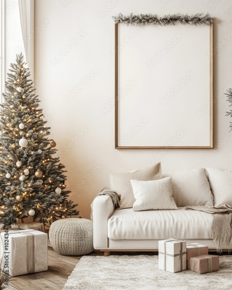 Farmhouse Christmas Mockup Frame in Rustic Living Room Interior