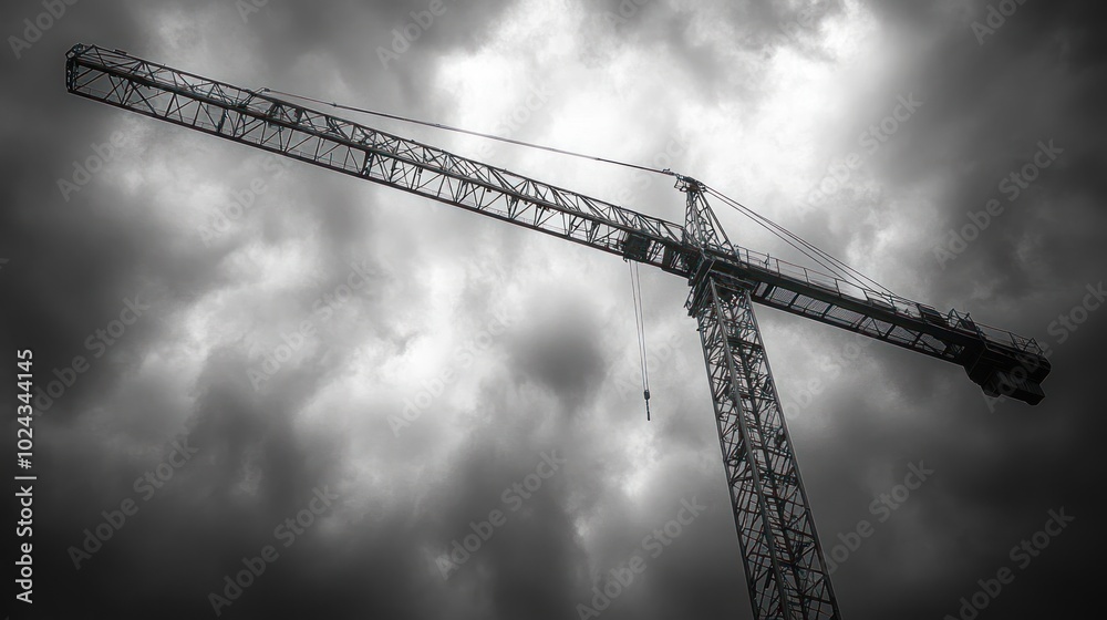 A large construction crane stands tall against a dramatic, stormy sky. The crane is silhouetted against the dark clouds, creating a sense of power and scale. A large construction crane stands tall against a dramatic, stormy sky. The crane is silhouetted against the dark clouds, creating a sense of power and scale.