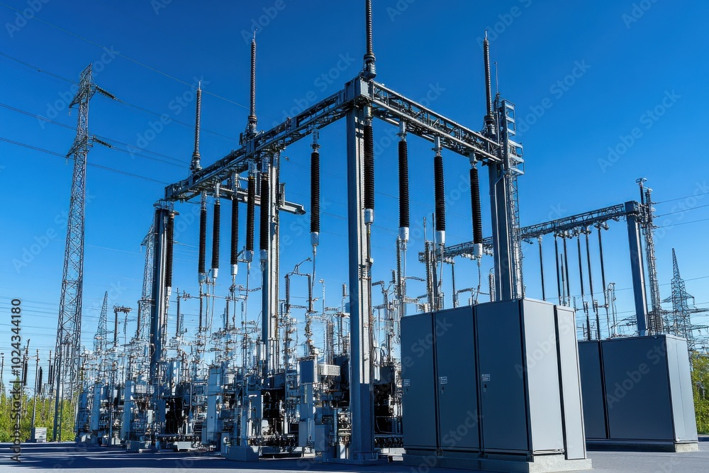 custom made wallpaper toronto digitalAn outdoor view of a large electrical substation with various transformers and high-voltage