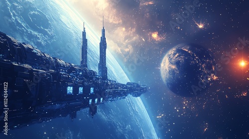 Futuristic spaceship orbits a planet in space.