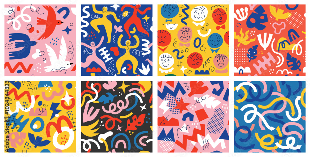 Fototapeta premium Fun kids seamless pattern. Doodle color shapes. Abstract party. Geometric modern repeated print. Dots and curve forms. Happy people dance. Birds fly. Festive childish texture. Vector backgrounds set