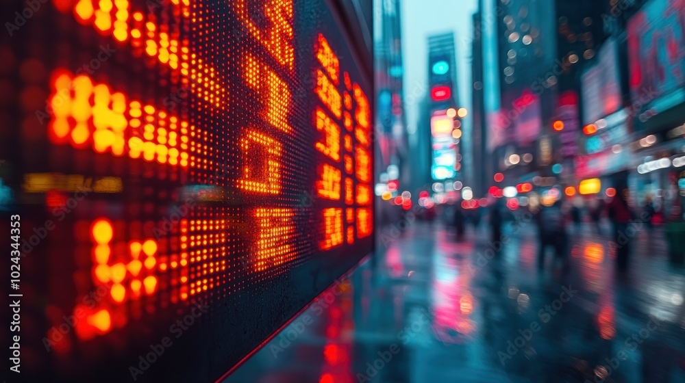 A red digital display with stock prices or other financial information is seen in the foreground, with the blurred lights of a busy city street in the background. A red digital display with stock prices or other financial information is seen in the foreground, with the blurred lights of a busy city street in the background.