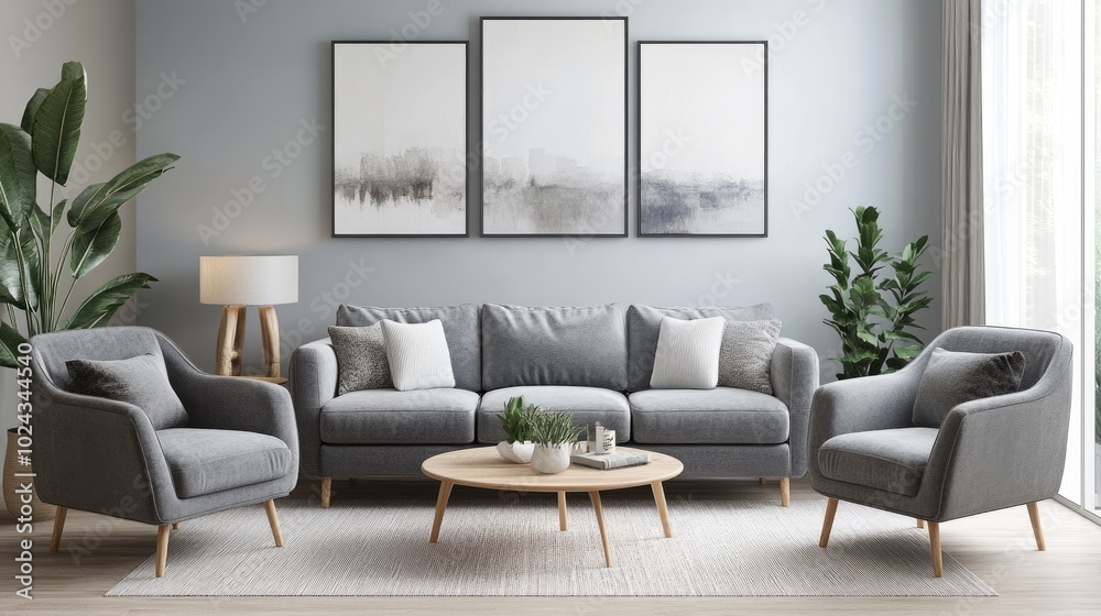 Scandinavian Minimalistic Design. Cozy Living Room with Gray Sofa and Armchair in Boho Decoration Scandinavian Minimalistic Design. Cozy Living Room with Gray Sofa and Armchair in Boho Decoration