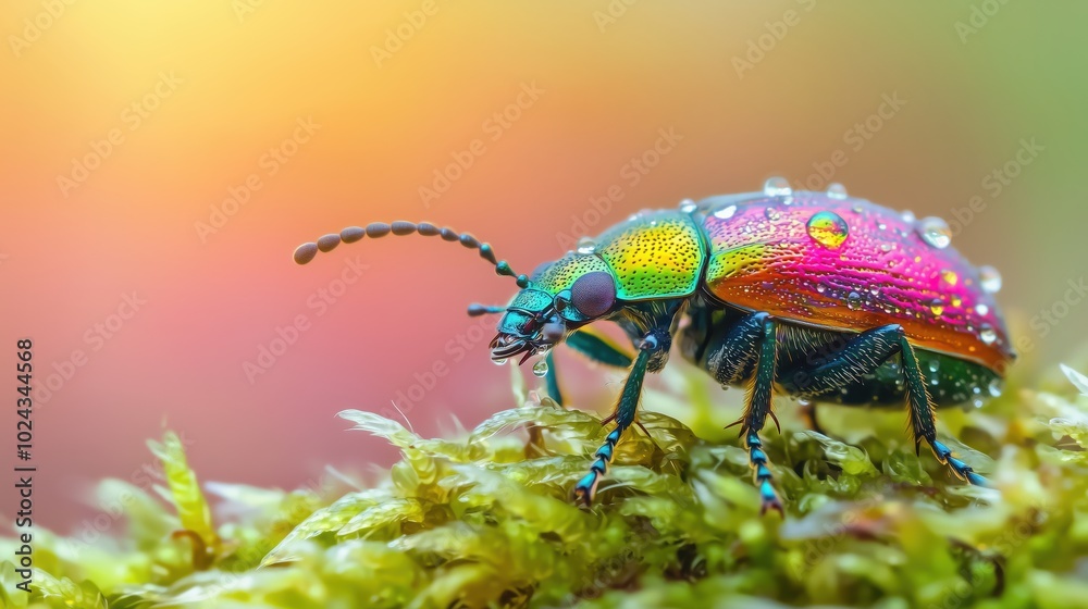 Fototapeta premium Iridescent Beetle on Moss: Macro Photography with Sparkling Droplets