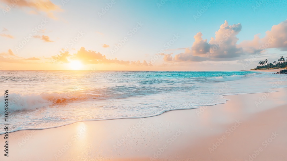 A serene beach scene with soft, golden light reflecting off the water at sunrise. A serene beach scene with soft, golden light reflecting off the water at sunrise.