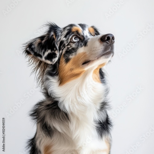 Australian Shepherd sitting against white background