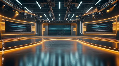 TV news, virtual studio background. Ideal also for online shows or live events. Modern 3D rendering backdrop suitable on VR tracking system stage sets