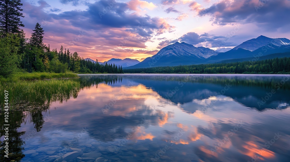 A picturesque mountain lake reflecting the colorful sky at sunset. A picturesque mountain lake reflecting the colorful sky at sunset.