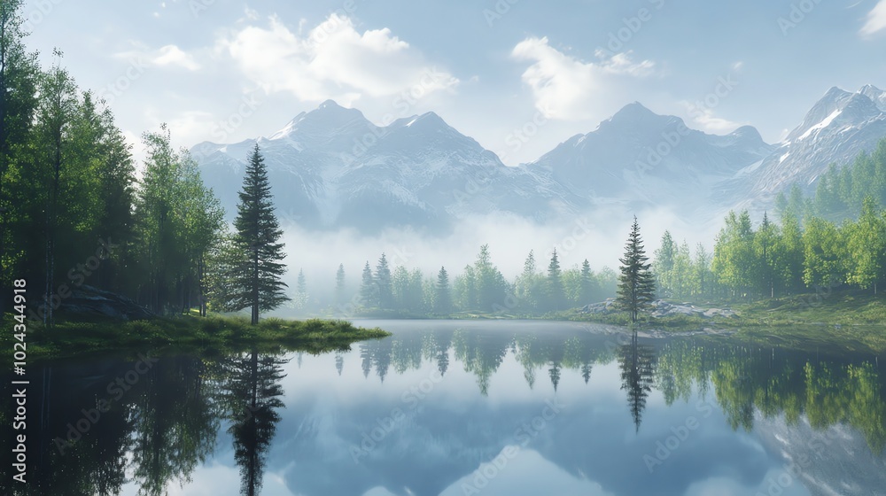 Tranquil lake reflecting a majestic mountain range, with a misty forest in the foreground. Tranquil lake reflecting a majestic mountain range, with a misty forest in the foreground.