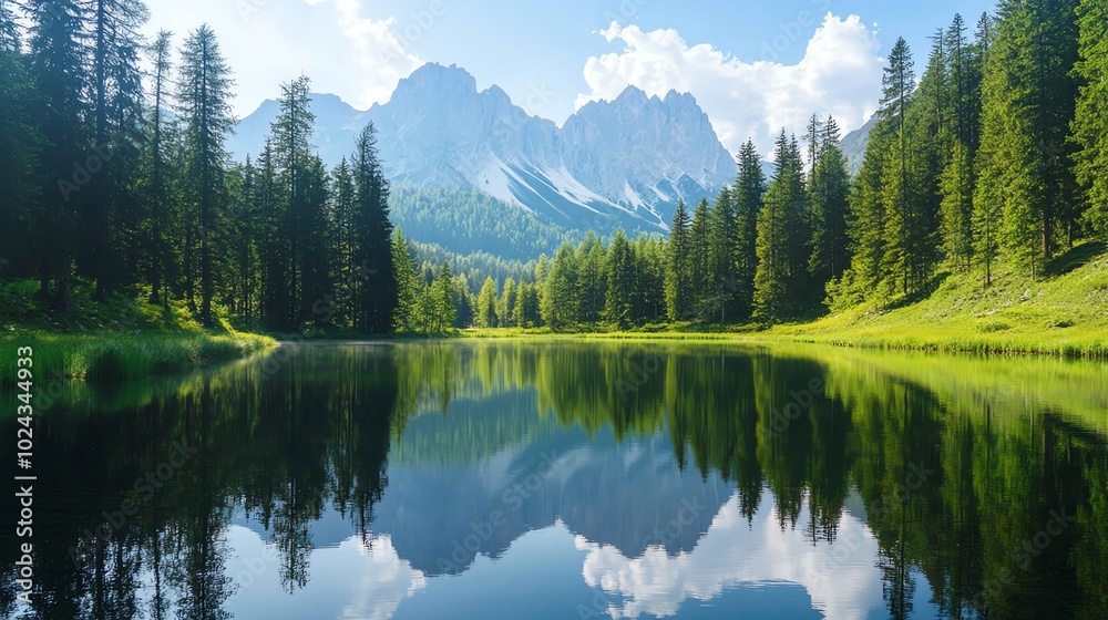 A serene lake reflects the surrounding mountains and forest. A serene lake reflects the surrounding mountains and forest.