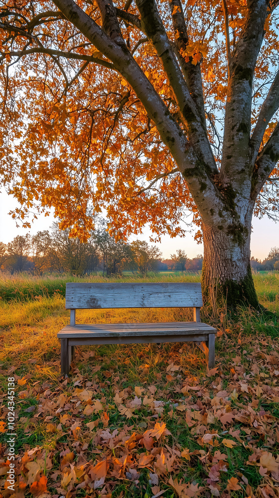 Lone Wooden Bench Under Vibrant Autumn Tree in Scenic Park Lone Wooden Bench Under Vibrant Autumn Tree in Scenic Park