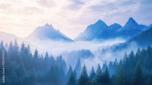 Serene mountain landscape with misty forests and peaks under a soft sky.