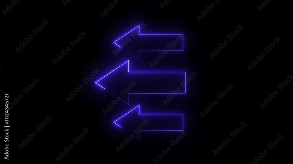 Neon glowing 3 left direction arrow animation on the black background. Neon direction arrow concept animated. Neon glowing 3 left direction arrow animation on the black background. Neon direction arrow concept animated.