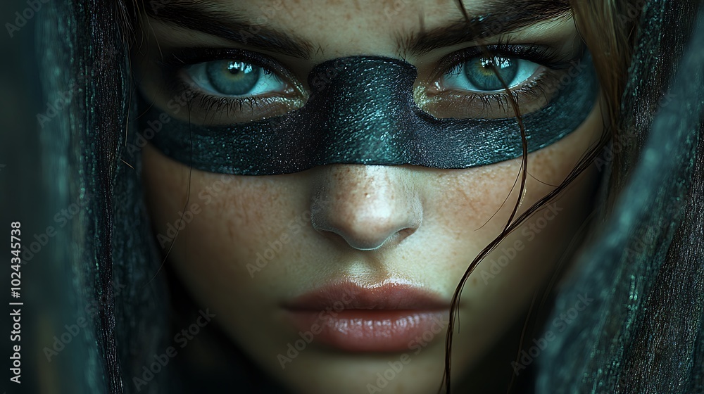 Close-up portrait of a young woman with a black mask covering her eyes, looking intensely at the camera. Close-up portrait of a young woman with a black mask covering her eyes, looking intensely at the camera.