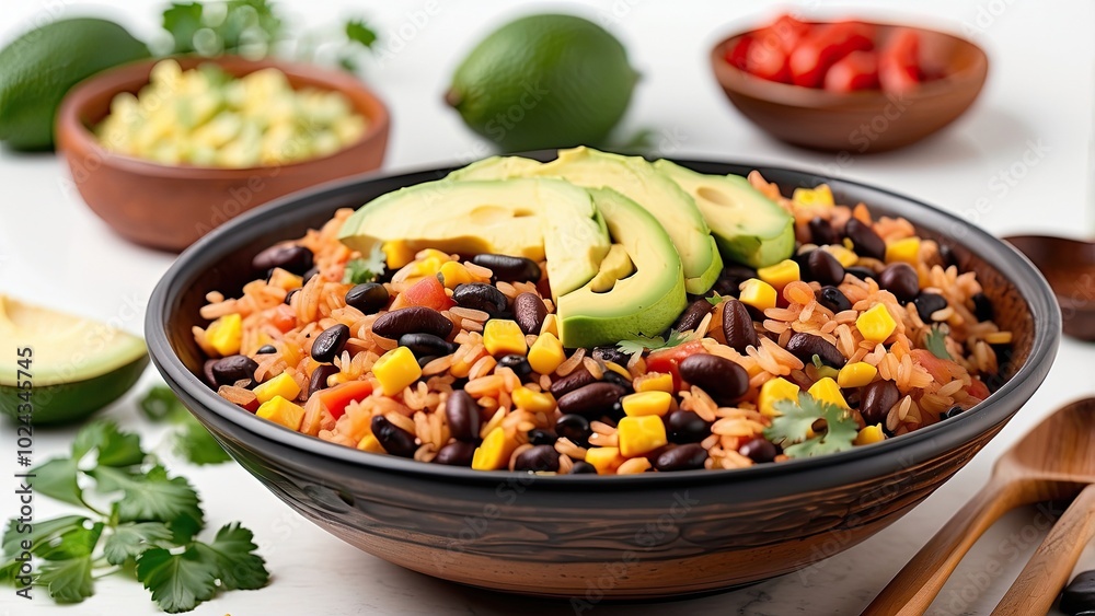 A bowl of spicy Mexican rice with black beans and corn, garnished with avocado slices, isolated on white background. A bowl of spicy Mexican rice with black beans and corn, garnished with avocado slices, isolated on white background.