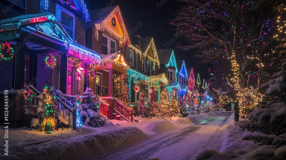 A row of houses decked out in colorful Christmas lights, illuminating the street and filling the air with festive joy. A row of houses decked out in colorful Christmas lights, illuminating the street and filling the air with festive joy.