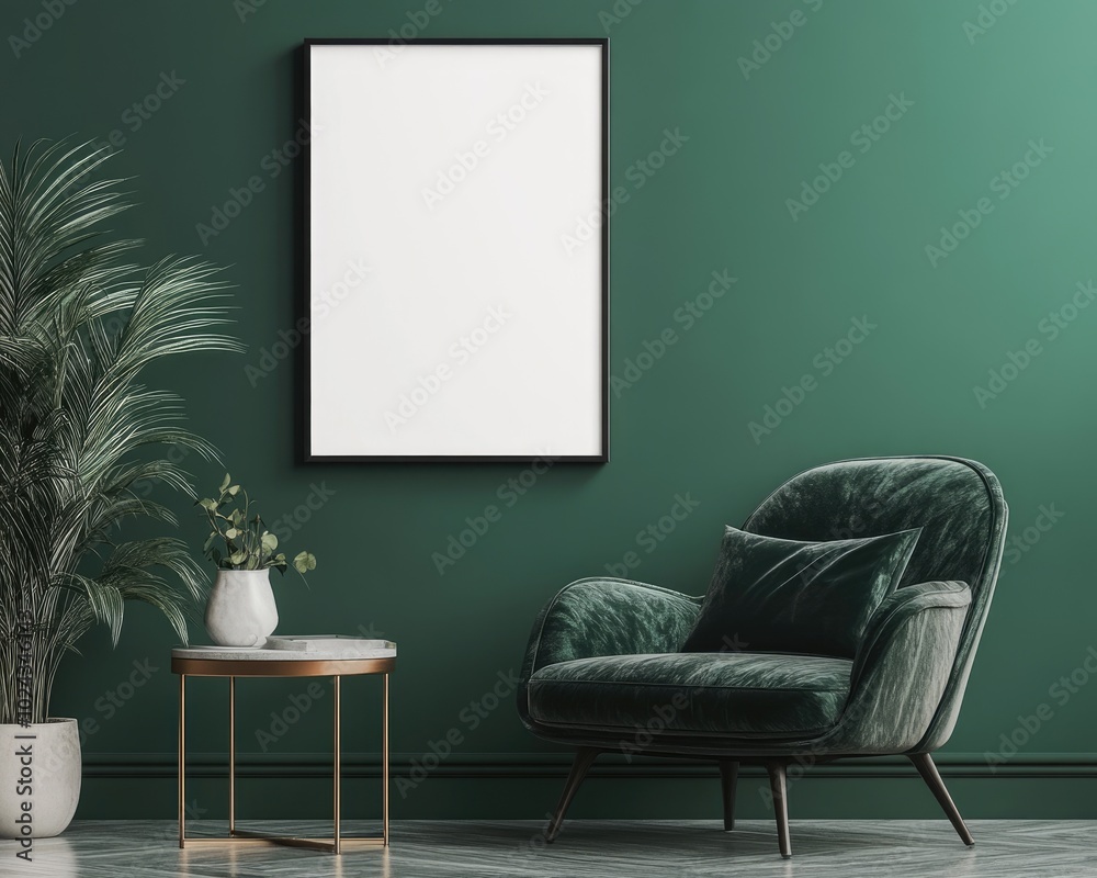 Fototapeta premium Green-themed Interior Mockup with Modern Poster Frame on Wall