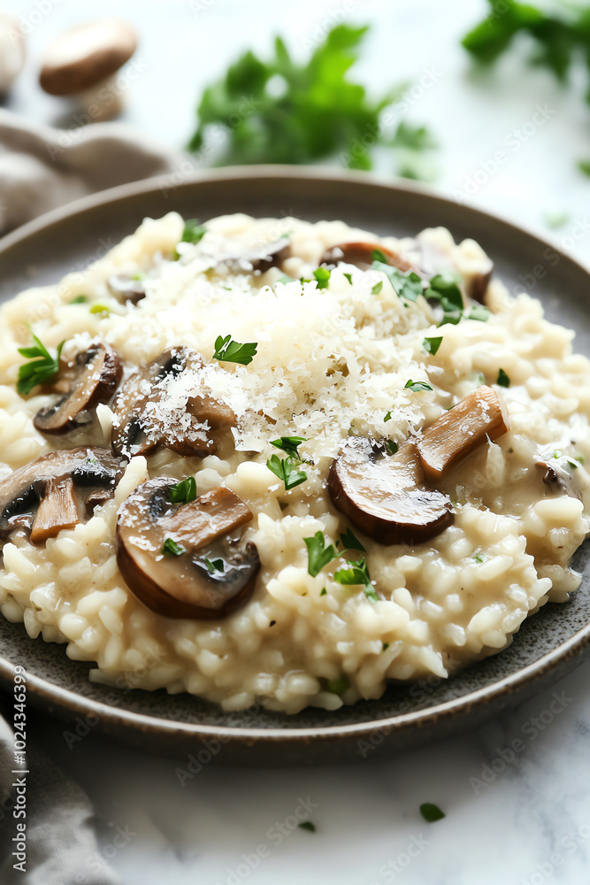 Creamy mushroom risotto on dark plate. Creamy mushroom risotto on dark plate.