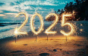 A beach scene with the number 2025 in fireworks, new year concept