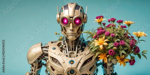 robot cyborg soldier with flowers