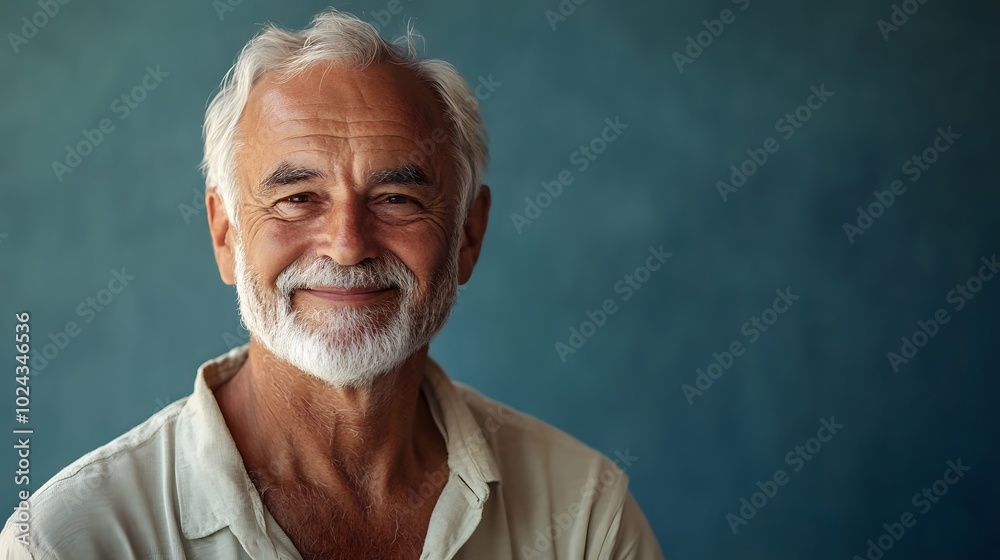 18. An older man with a look of nostalgia, smiling softly as he reminisces, against a muted blue backdrop. 18. An older man with a look of nostalgia, smiling softly as he reminisces, against a muted blue backdrop.