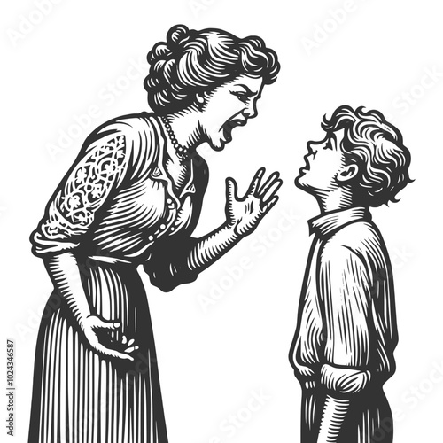 angry mother yelling at her young son, tense moment of discipline and frustration sketch engraving generative ai fictional character vector illustration. Scratch board imitation. Black and white image