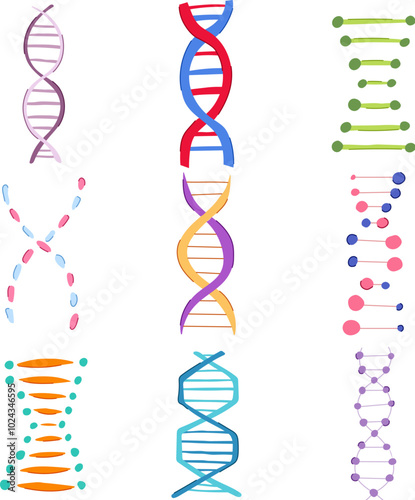 dna spiral set cartoon. replication chromosomes, sequence mutation, transcription translation dna spiral sign. isolated symbol vector illustration