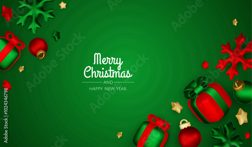 Happy New Year and Merry Christmas. Christmas holiday background with realistic 3d objects,gold and red bauble balls, conical metal stars, gift. Levitation falling design composition.