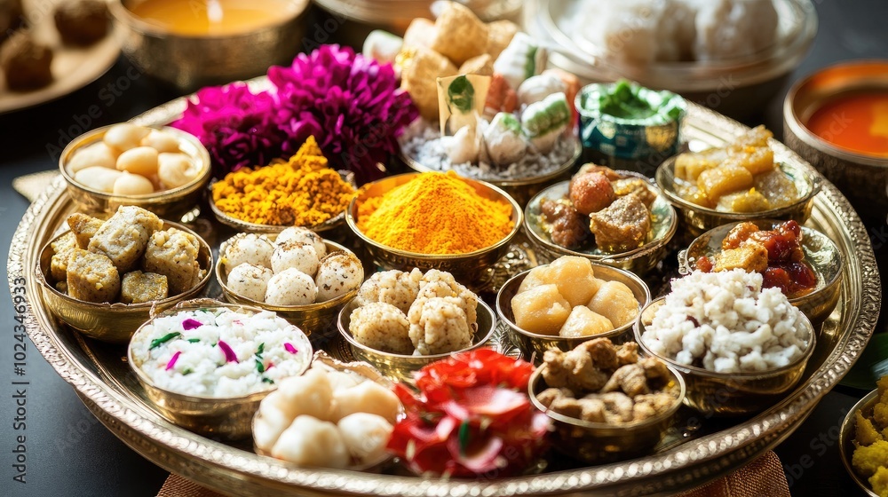 A traditional thali (plate) filled with offerings like sweets, flowers, and incense for Diwali puja. A traditional thali (plate) filled with offerings like sweets, flowers, and incense for Diwali puja.