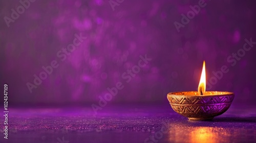 Bronze oil lamp with flame on purple background for diwali celebration atmosphere photo