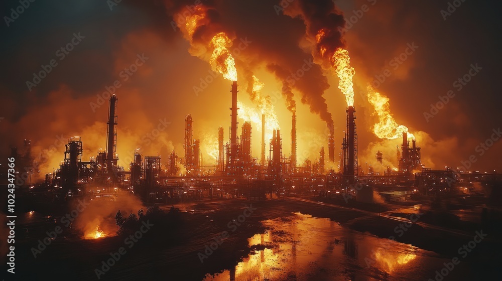 A large industrial complex with many tall smokestacks spewing out thick plumes of smoke and flames into the night sky. The scene is lit by the flames and the lights of the factory. A large industrial complex with many tall smokestacks spewing out thick plumes of smoke and flames into the night sky. The scene is lit by the flames and the lights of the factory.
