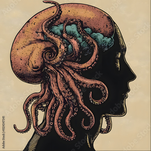 Wallpaper Mural A vintage-style illustration featuring an octopus merging with a human head, its tentacles entangled around the brain, symbolizing the surreal fusion of marine life and human consciousness. Torontodigital.ca