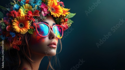 A woman with colorful paint on her face wears a flower crown and sunglasses, looking into the distance.