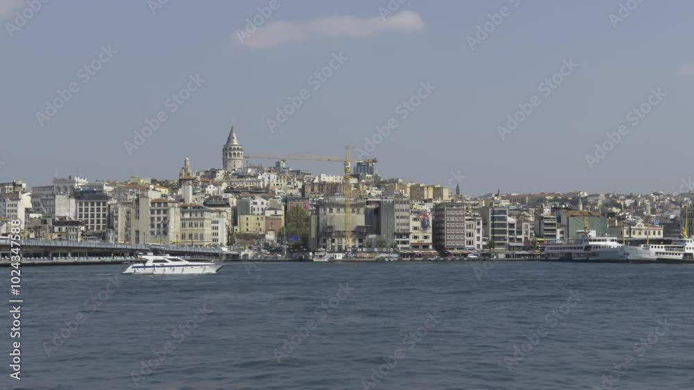 Establishing shot of the Bosphorus and Istanbul skyline with scenic waterfront and city view of Turkey’s famous city Establishing shot of the Bosphorus and Istanbul skyline with scenic waterfront and city view of Turkey’s famous city
