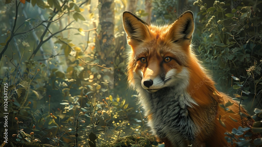 Obraz premium A Red Fox Gazes Through Lush Green Foliage in a Sun-Dappled Forest