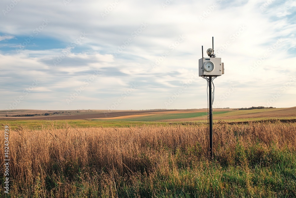 Rural landscape with solitary electrical box in fields Rural landscape with solitary electrical box in fields
