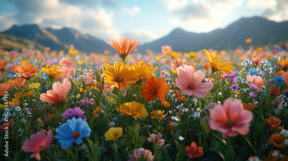 A vibrant meadow of wildflowers blooms in the foreground with a mountain range in the distance and a blue sky with white clouds. A vibrant meadow of wildflowers blooms in the foreground with a mountain range in the distance and a blue sky with white clouds.