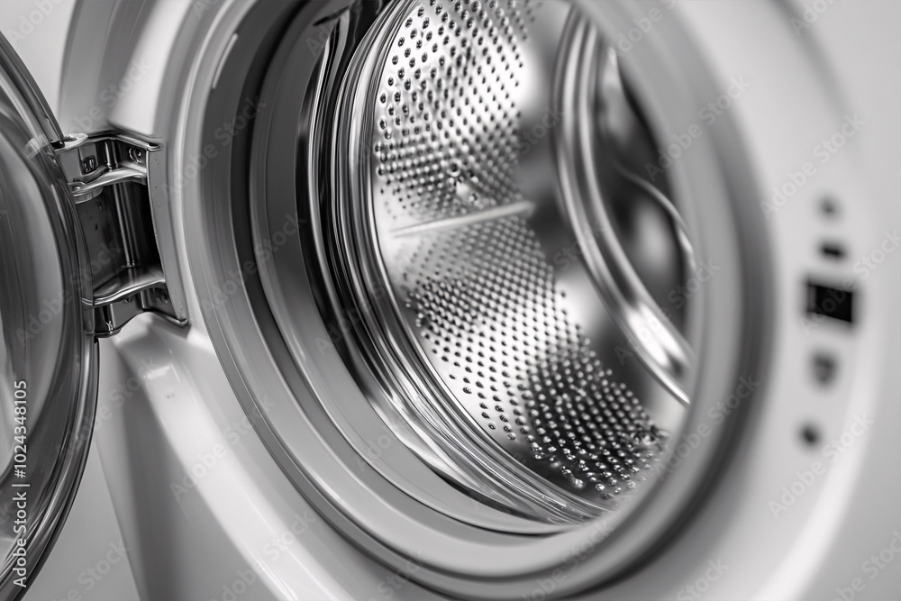 Close up of empty white washing machine with open door Close up of empty white washing machine with open door