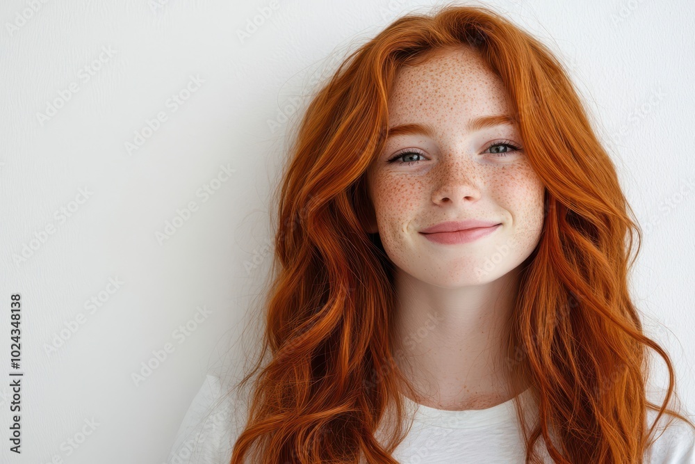 Closeup of happy attractive young woman with long wavy red hair and freckles wears stylish Closeup of happy attractive young woman with long wavy red hair and freckles wears stylish