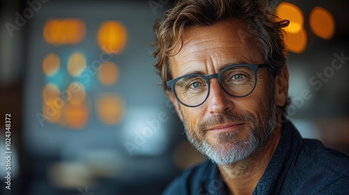 Portrait of a confident middle-aged man with glasses looking at the camera.