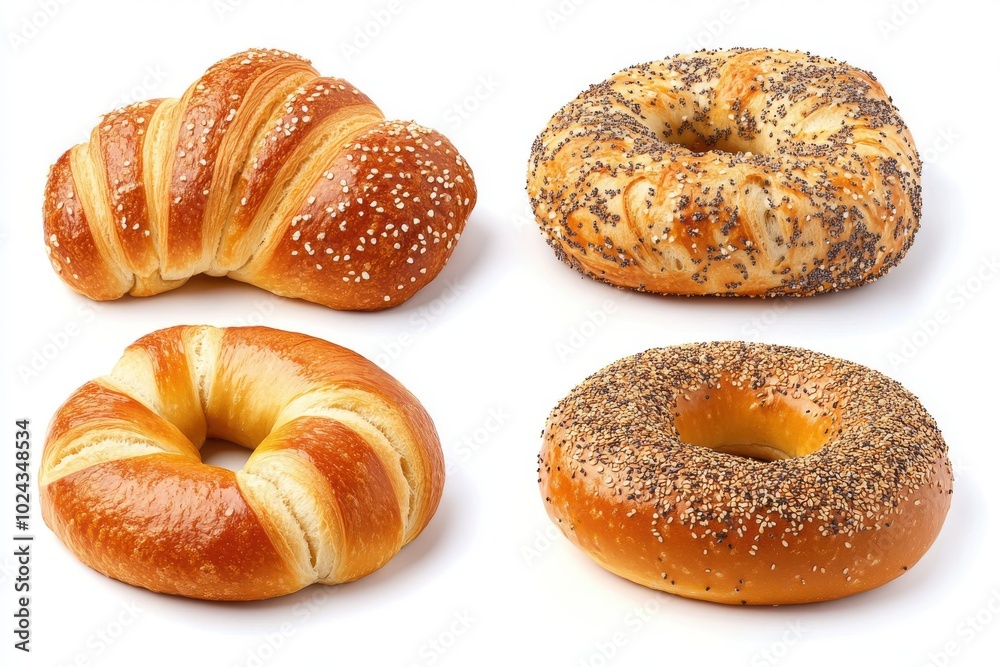 Collection of 4 bread bun pile set. Croissant, Pretzel, Everything bagel, Plain bagel on white Collection of 4 bread bun pile set. Croissant, Pretzel, Everything bagel, Plain bagel on white